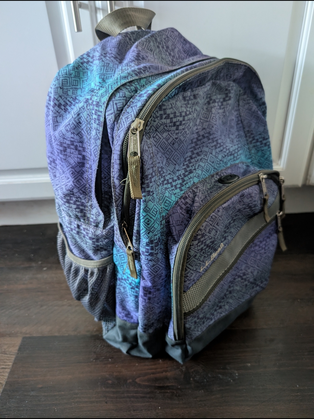 Nice LL Bean Deluxe Purple Teal Patterned Backpack